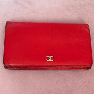 CHANEL Scarlet Leather Wallet with Gold Logo